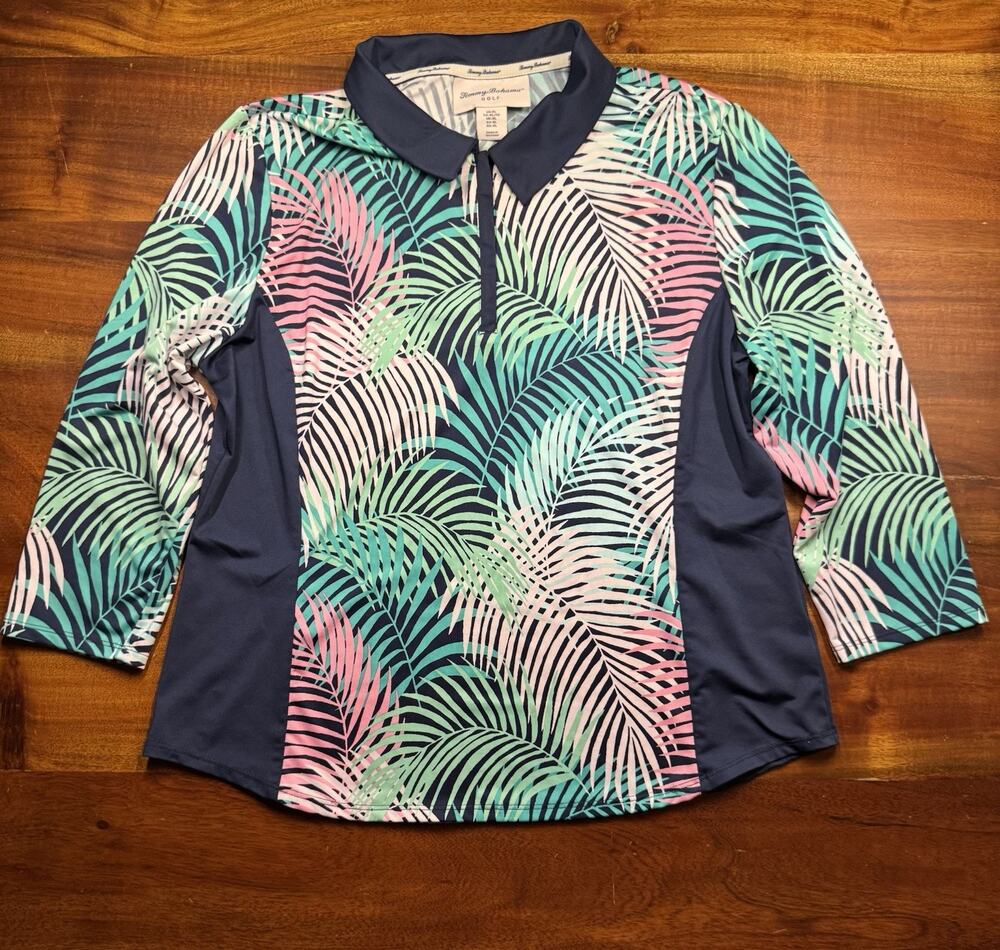 Tommy Bahama Golf Womens 1/4 Zip Collared Leaf Print Long Sleeve UPF 50 Shirt XL